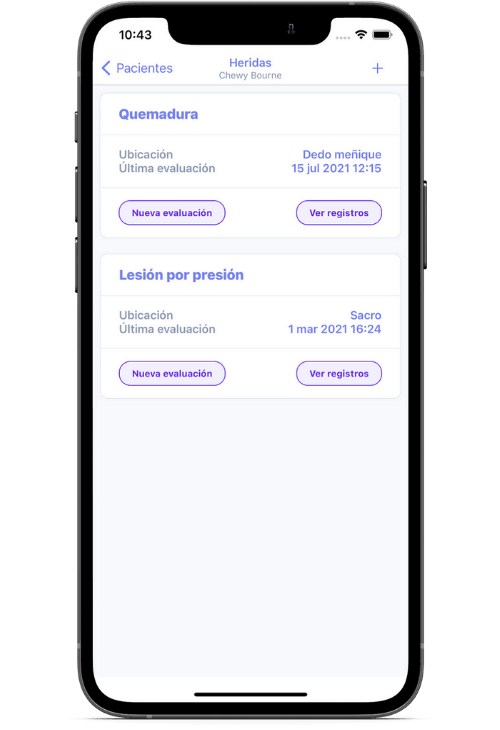 Vista previa del listado de heridas de un paciente